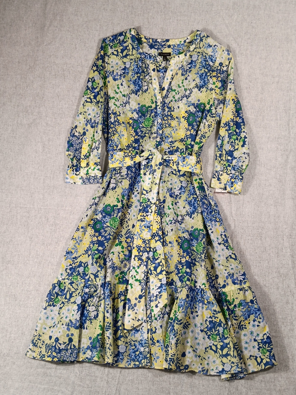Talbots Blue Yellow Green Floral Button-Front Midi 3/4 Sleeves Dress Size 8